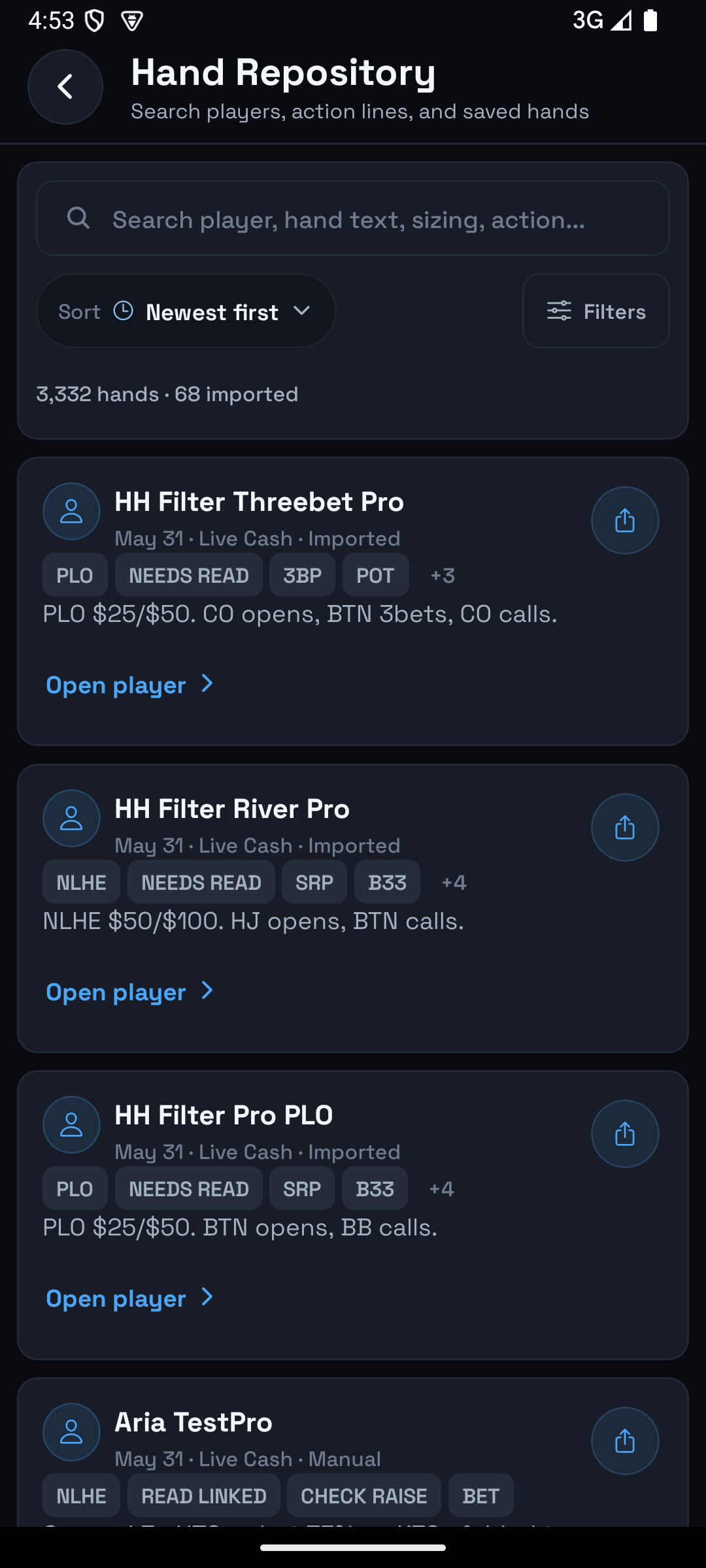 PokerReads Hand Repository with search, filters, hand tags, and saved hands