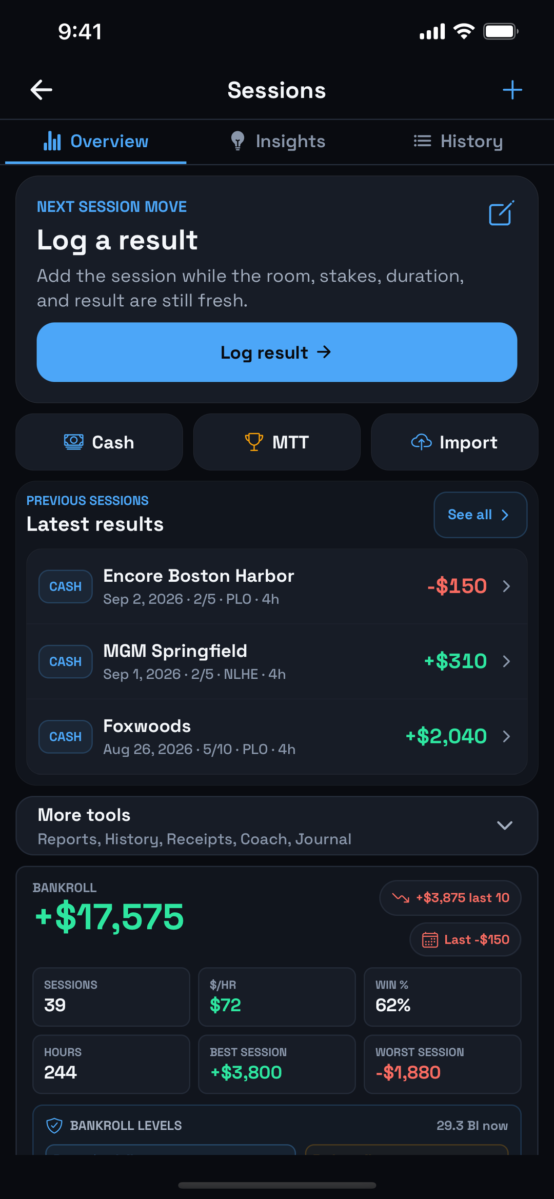 PokerReads Sessions screen on iPhone: log a result, latest results, and the bankroll summary