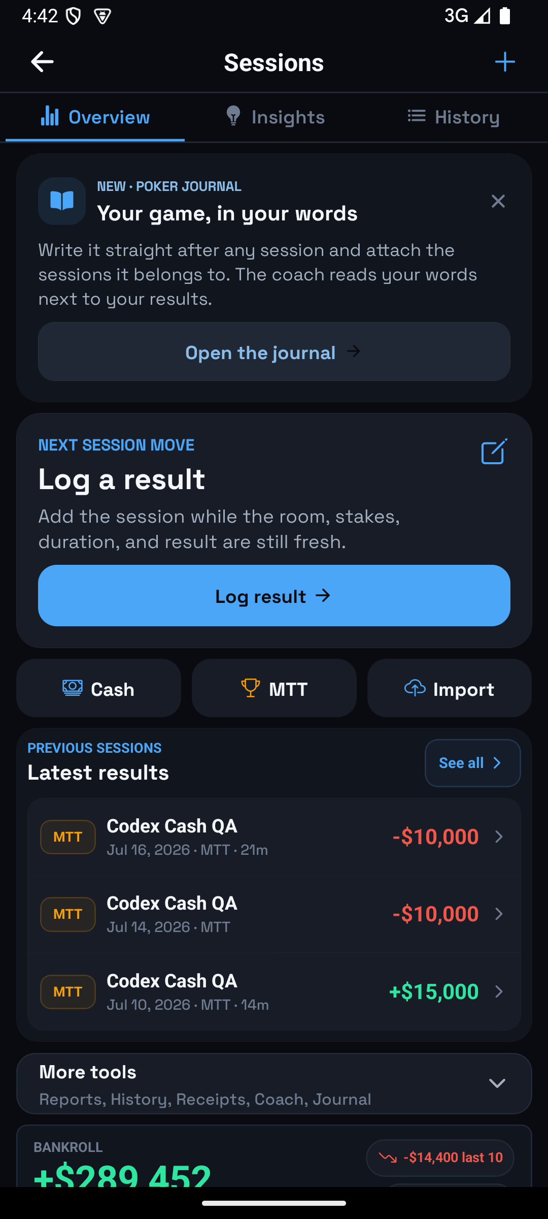 PokerReads Sessions screen with log result, recent sessions, and tools